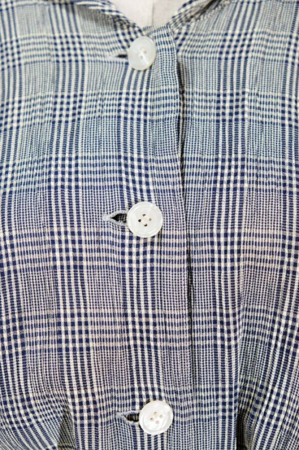 画像5: チェック柄 ネイビー×クリーム色 半袖 レトロワンピース フード付き ウェストゴム[11541]