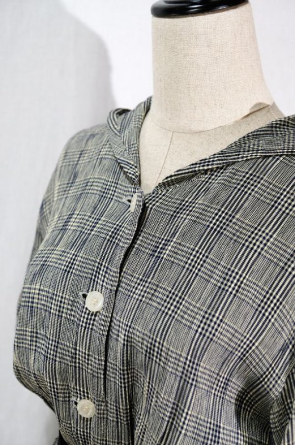 画像6: チェック柄 ネイビー×クリーム色 半袖 レトロワンピース フード付き ウェストゴム[11541]