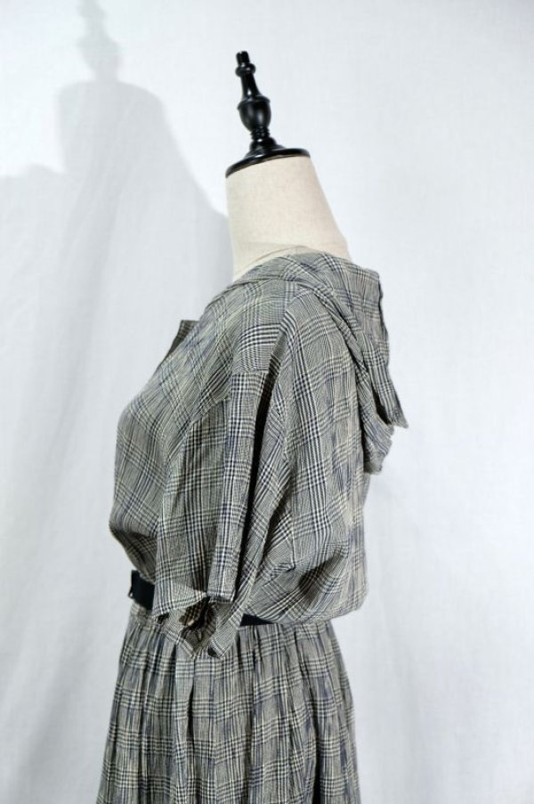 画像7: チェック柄 ネイビー×クリーム色 半袖 レトロワンピース フード付き ウェストゴム[11541]