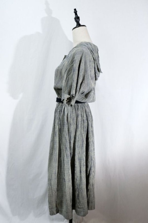 画像8: チェック柄 ネイビー×クリーム色 半袖 レトロワンピース フード付き ウェストゴム[11541]