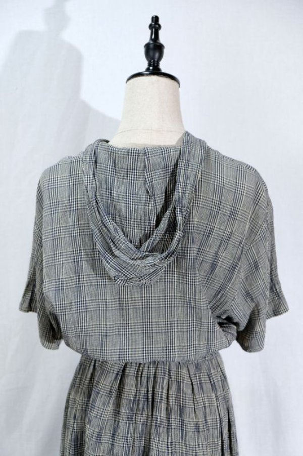 画像9: チェック柄 ネイビー×クリーム色 半袖 レトロワンピース フード付き ウェストゴム[11541]