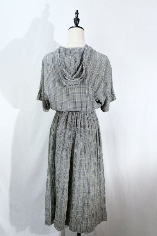 画像10: チェック柄 ネイビー×クリーム色 半袖 レトロワンピース フード付き ウェストゴム[11541]