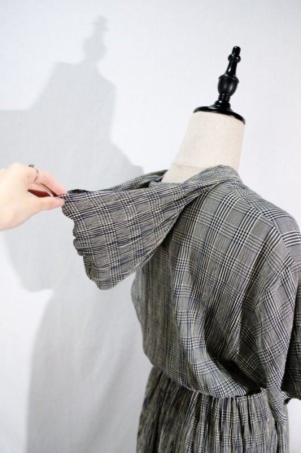 画像12: チェック柄 ネイビー×クリーム色 半袖 レトロワンピース フード付き ウェストゴム[11541]