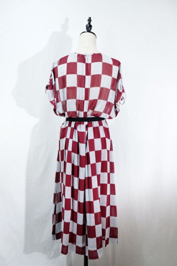 画像11: 花柄 市松模様 エンジ×水色 半袖 レトロワンピース ノーカラ― 袖リボン[11547]