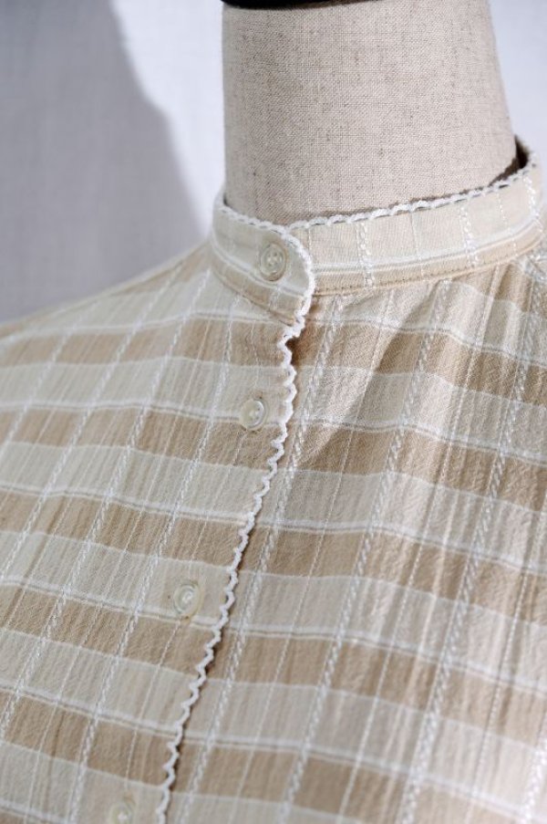 画像4: "JAEGER" UK製 チェック柄 ベージュ系 半袖 ブラウス スタンドカラー[11599]