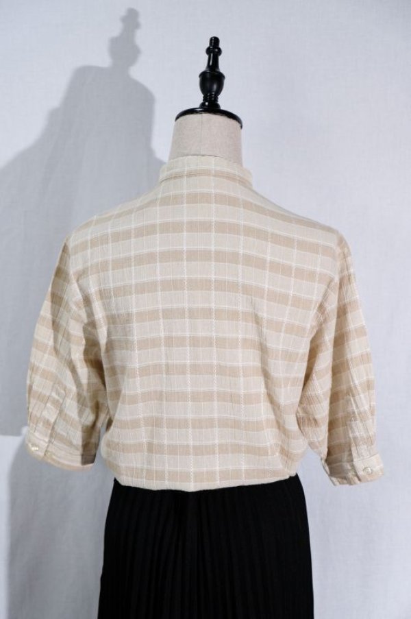 画像6: "JAEGER" UK製 チェック柄 ベージュ系 半袖 ブラウス スタンドカラー[11599]