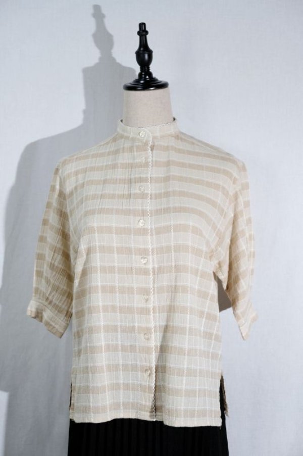画像10: "JAEGER" UK製 チェック柄 ベージュ系 半袖 ブラウス スタンドカラー[11599]