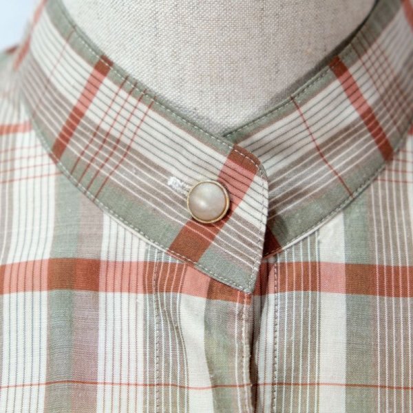 画像6: ベージュ系 レッド×カーキ チェック柄 長袖 ブラウス スタンドカラー [11631]