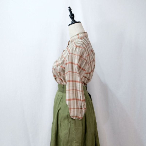 画像3: ベージュ系 レッド×カーキ チェック柄 長袖 ブラウス スタンドカラー [11631]