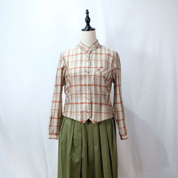 画像9: ベージュ系 レッド×カーキ チェック柄 長袖 ブラウス スタンドカラー [11631]