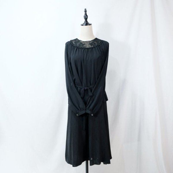 画像6: 四角模様 黒 長袖 レトロワンピース ノーカラー レース ウエストリボン [11675]