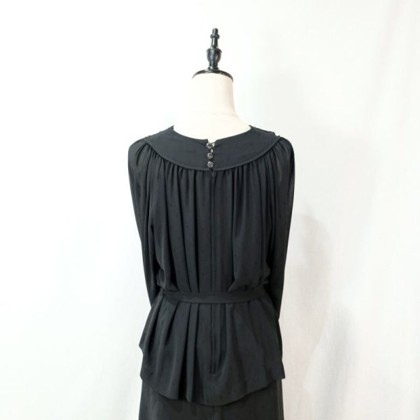 画像10: 四角模様 黒 長袖 レトロワンピース ノーカラー レース ウエストリボン [11675]