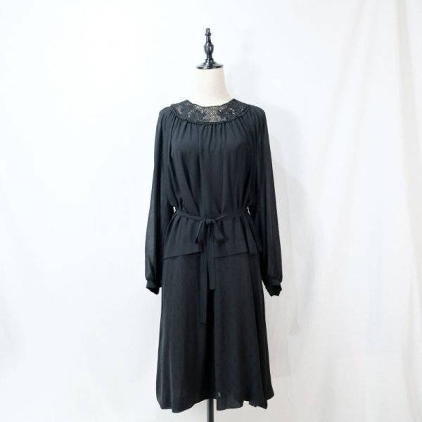 画像13: 四角模様 黒 長袖 レトロワンピース ノーカラー レース ウエストリボン [11675]