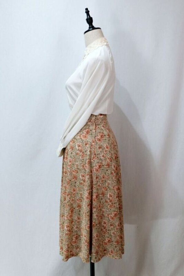 画像1: 花柄 グリーン×ピンク系 スカート フレア w70cm[11747]