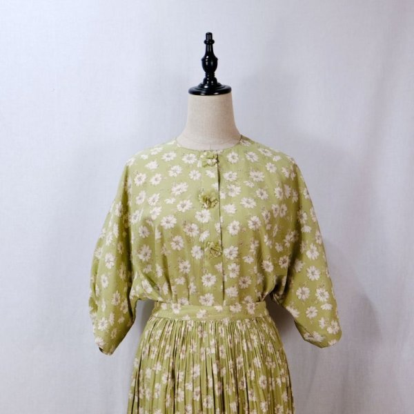 画像4: 花柄 ライトグリーン 半袖 セットアップ レトロワンピース ノーカラー[11890]