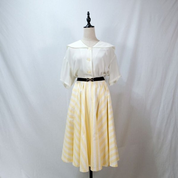 画像3: 斜めストライプ柄  イエロー×白 スカート フレア  /w62cm  [11986]