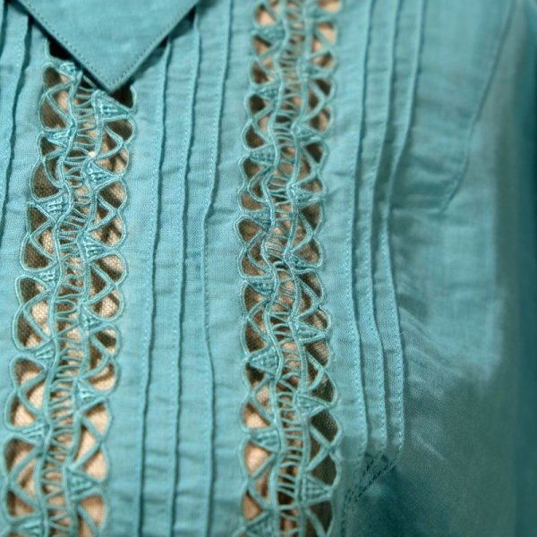 画像12: 無地 水色 半袖 ブラウス レギュラーカラー 刺繍 はしごレース ドルマンスリーブ [11973]