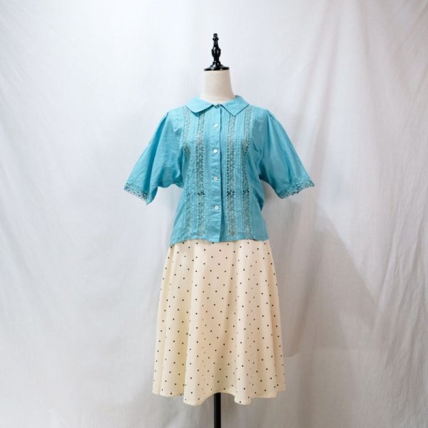 画像14: 無地 水色 半袖 ブラウス レギュラーカラー 刺繍 はしごレース ドルマンスリーブ [11973]