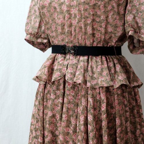 他の写真1: 花柄 カーキ系 半袖 レトロワンピース スタンドカラー パフスリーブ ペプラム [12058]