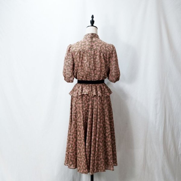 画像12: 花柄 カーキ系 半袖 レトロワンピース スタンドカラー パフスリーブ ペプラム [12058]