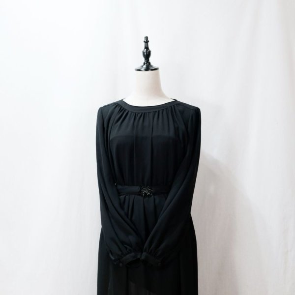 画像5: 無地 黒 長袖 レトロワンピース ノーカラー[12052]