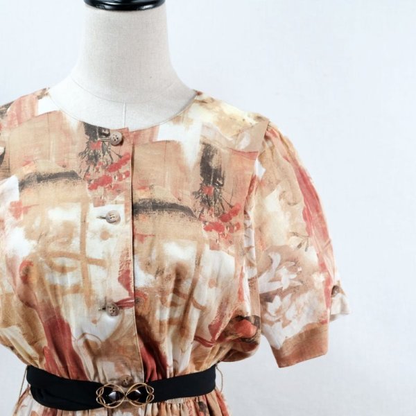 画像3: 水彩画の花柄 オレンジ系 半袖 コットン レトロワンピース ノーカラー タック ウエストゴム[12056]