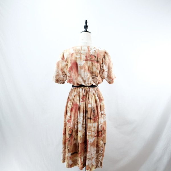 画像6: 水彩画の花柄 オレンジ系 半袖 コットン レトロワンピース ノーカラー タック ウエストゴム[12056]