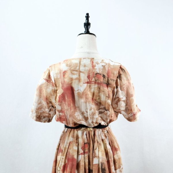 画像7: 水彩画の花柄 オレンジ系 半袖 コットン レトロワンピース ノーカラー タック ウエストゴム[12056]