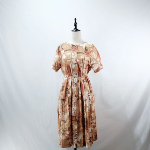 画像9: 水彩画の花柄 オレンジ系 半袖 コットン レトロワンピース ノーカラー タック ウエストゴム[12056]