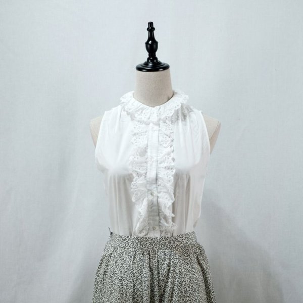 画像5: 無地 白 ブラウス アメリカンスリーブ レースフリルカラー レース [12084]