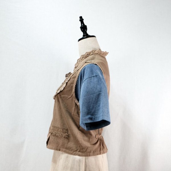 画像10: 無地 ブラウン ベスト レース刺繍 [12090]