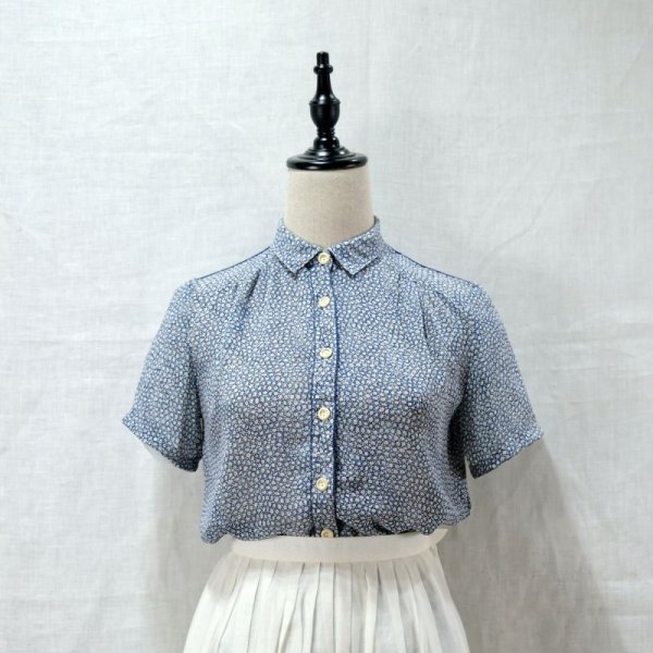 画像4: 花柄 青系 半袖 ブラウス レギュラーカラー [12163]