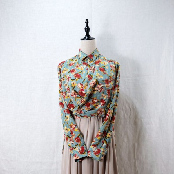 画像6: "Jean Paul GAULTIEN" 花柄 ターコイズブルー系 ブラウス 長袖 レギュラーカラー 前ボタンなし  [12142]