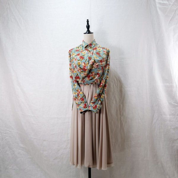 画像7: "Jean Paul GAULTIEN" 花柄 ターコイズブルー系 ブラウス 長袖 レギュラーカラー 前ボタンなし  [12142]