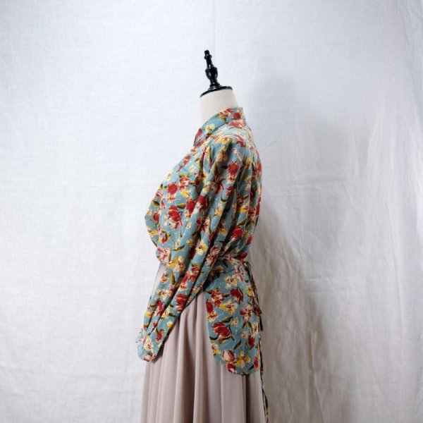 画像8: "Jean Paul GAULTIEN" 花柄 ターコイズブルー系 ブラウス 長袖 レギュラーカラー 前ボタンなし  [12142]