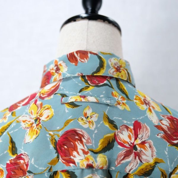 画像15: "Jean Paul GAULTIEN" 花柄 ターコイズブルー系 ブラウス 長袖 レギュラーカラー 前ボタンなし  [12142]