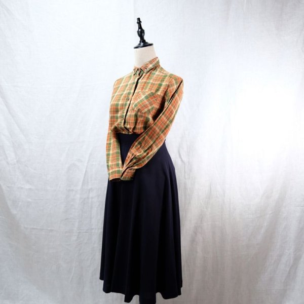 画像3: タータンチェック柄 オレンジ系 長袖 綿混 ブラウス ボタンダウンシャツ 胸ポケット [12323]