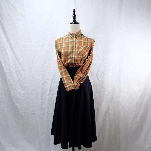 画像5: タータンチェック柄 オレンジ系 長袖 綿混 ブラウス ボタンダウンシャツ 胸ポケット [12323]
