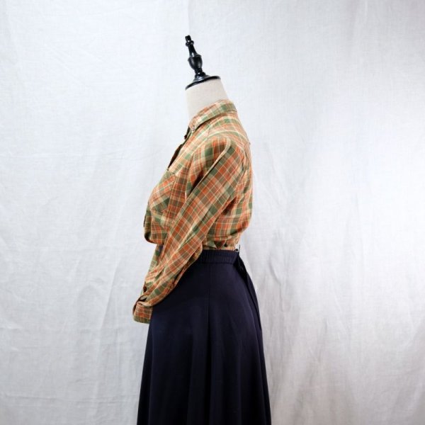 画像6: タータンチェック柄 オレンジ系 長袖 綿混 ブラウス ボタンダウンシャツ 胸ポケット [12323]