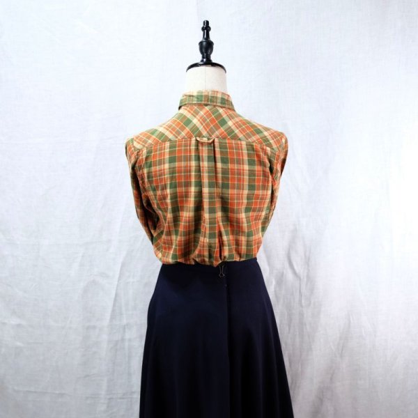 画像7: タータンチェック柄 オレンジ系 長袖 綿混 ブラウス ボタンダウンシャツ 胸ポケット [12323]