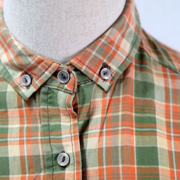 画像8: タータンチェック柄 オレンジ系 長袖 綿混 ブラウス ボタンダウンシャツ 胸ポケット [12323]