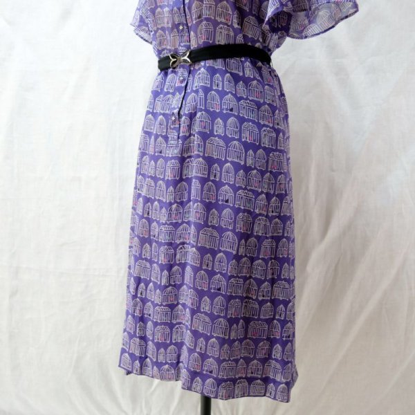 画像3: 鳥かご柄 青系 半袖  レトロワンピース ノーカラー Aライン ラグランスリーブ [12278]