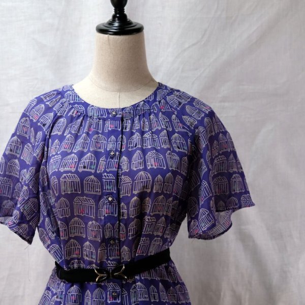 画像4: 鳥かご柄 青系 半袖  レトロワンピース ノーカラー Aライン ラグランスリーブ [12278]