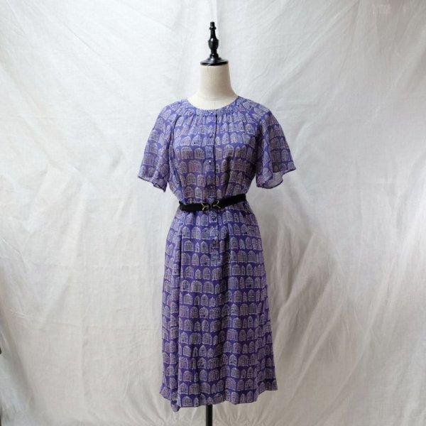 画像5: 鳥かご柄 青系 半袖  レトロワンピース ノーカラー Aライン ラグランスリーブ [12278]