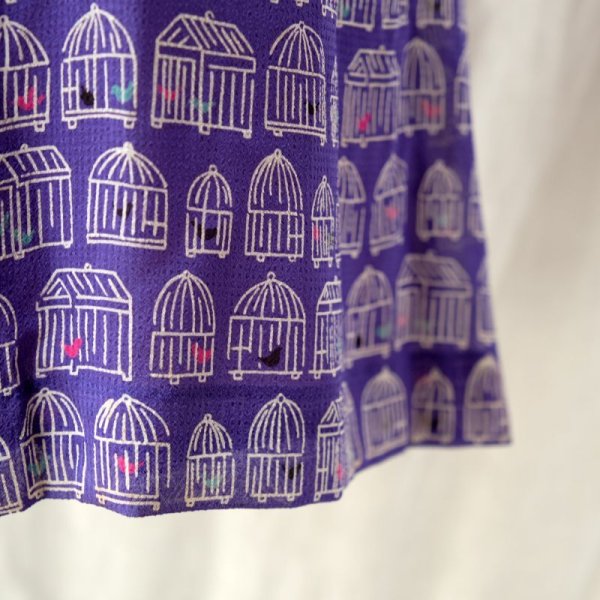 画像7: 鳥かご柄 青系 半袖  レトロワンピース ノーカラー Aライン ラグランスリーブ [12278]