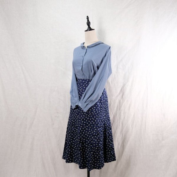 画像3: ドット柄 水色 長袖 ブラウス ラウンドカラー 3枚重ね襟 ウエストダーツ [12427]