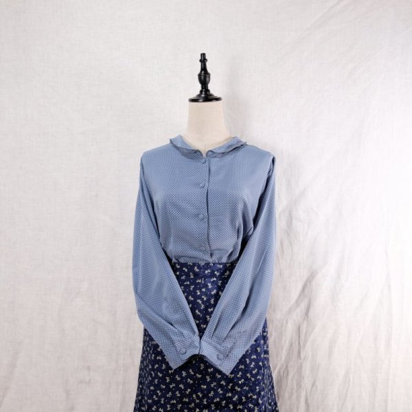 画像7: ドット柄 水色 長袖 ブラウス ラウンドカラー 3枚重ね襟 ウエストダーツ [12427]