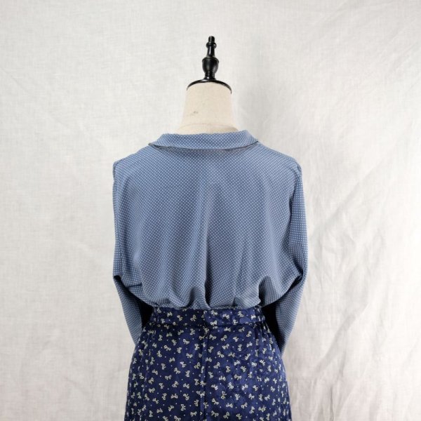 画像13: ドット柄 水色 長袖 ブラウス ラウンドカラー 3枚重ね襟 ウエストダーツ [12427]