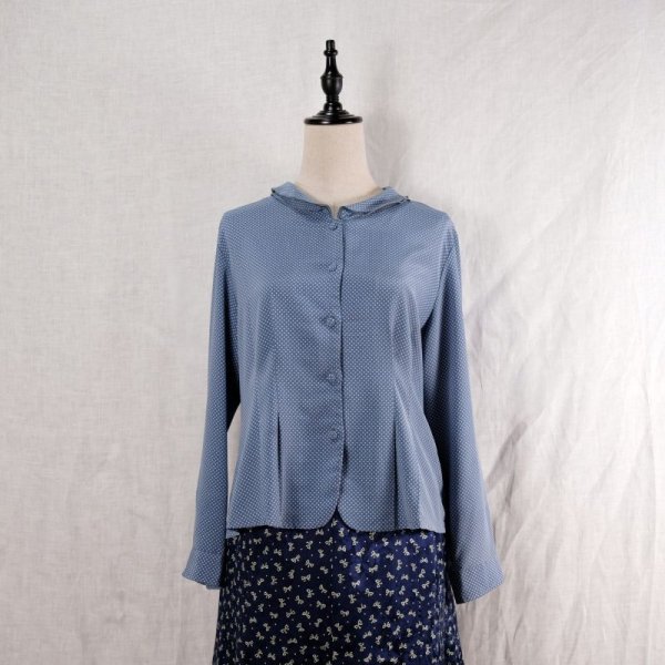 画像15: ドット柄 水色 長袖 ブラウス ラウンドカラー 3枚重ね襟 ウエストダーツ [12427]
