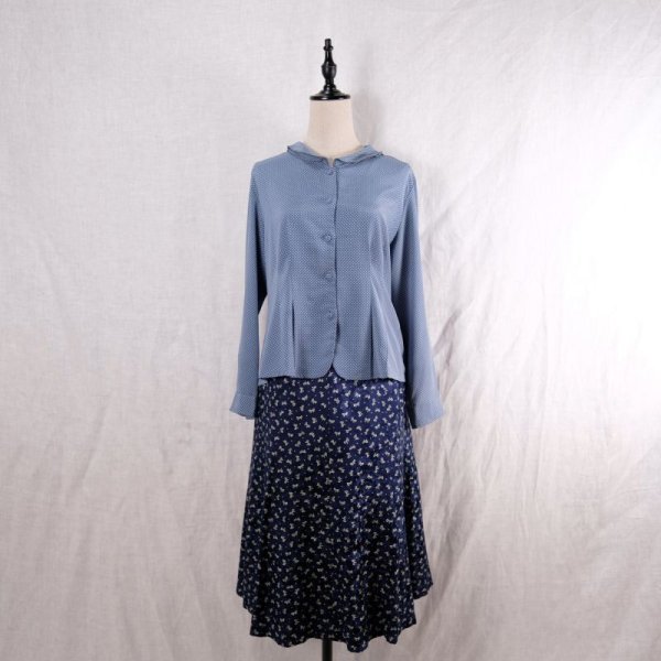 画像16: ドット柄 水色 長袖 ブラウス ラウンドカラー 3枚重ね襟 ウエストダーツ [12427]